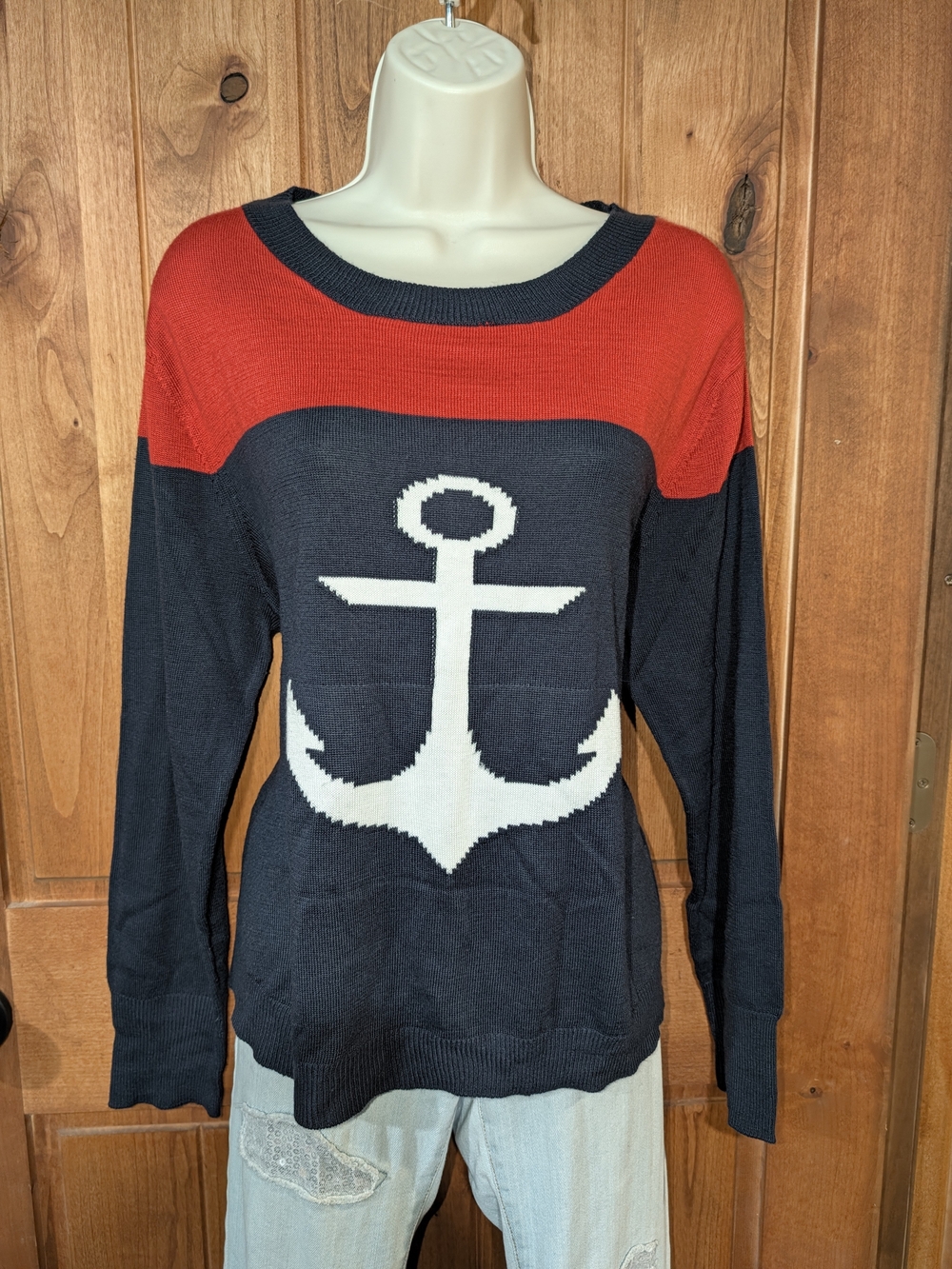 Charlie Paige Navy and Red Anchor Lightweight Crewneck Sweater
